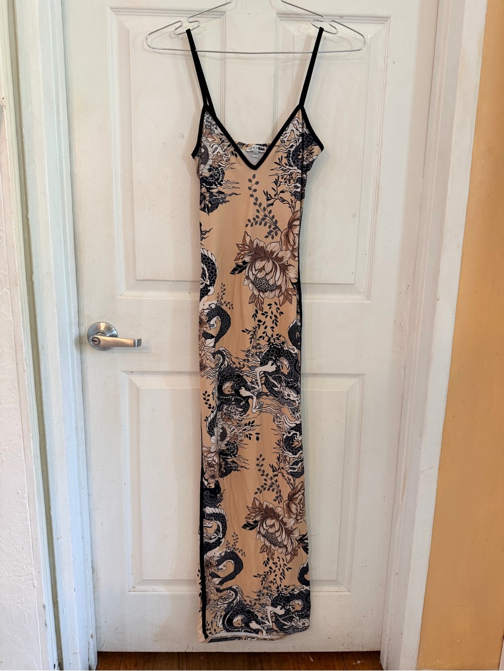 Fashion Nova Beige Slip Maxi Dress with Black Floral & Dragon Print